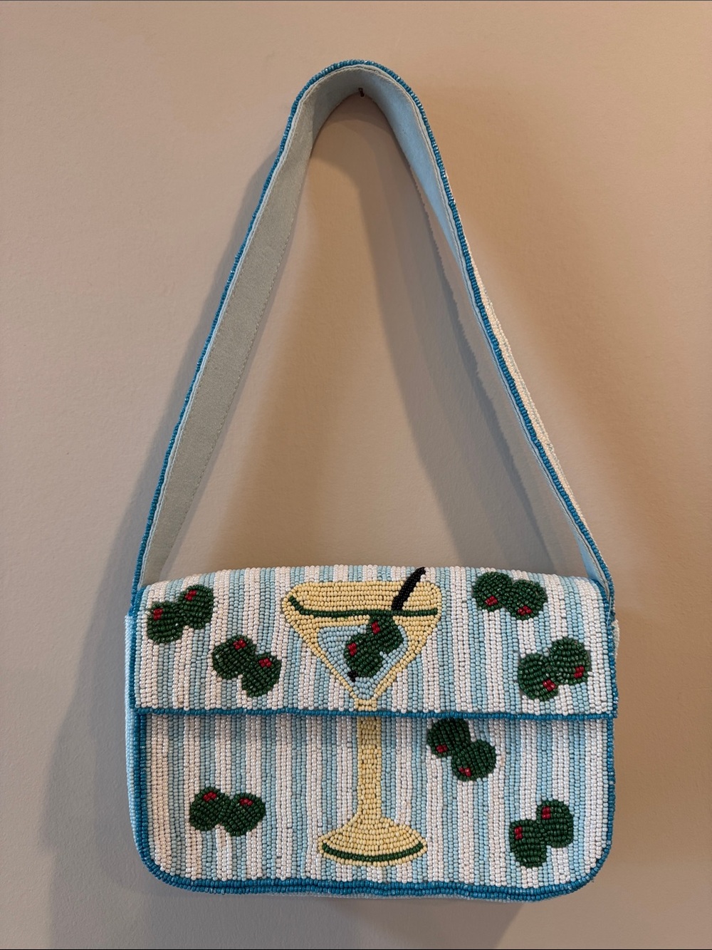 Anthropologie Beaded Martini Shoulder Bag in Light Blue, White and Green